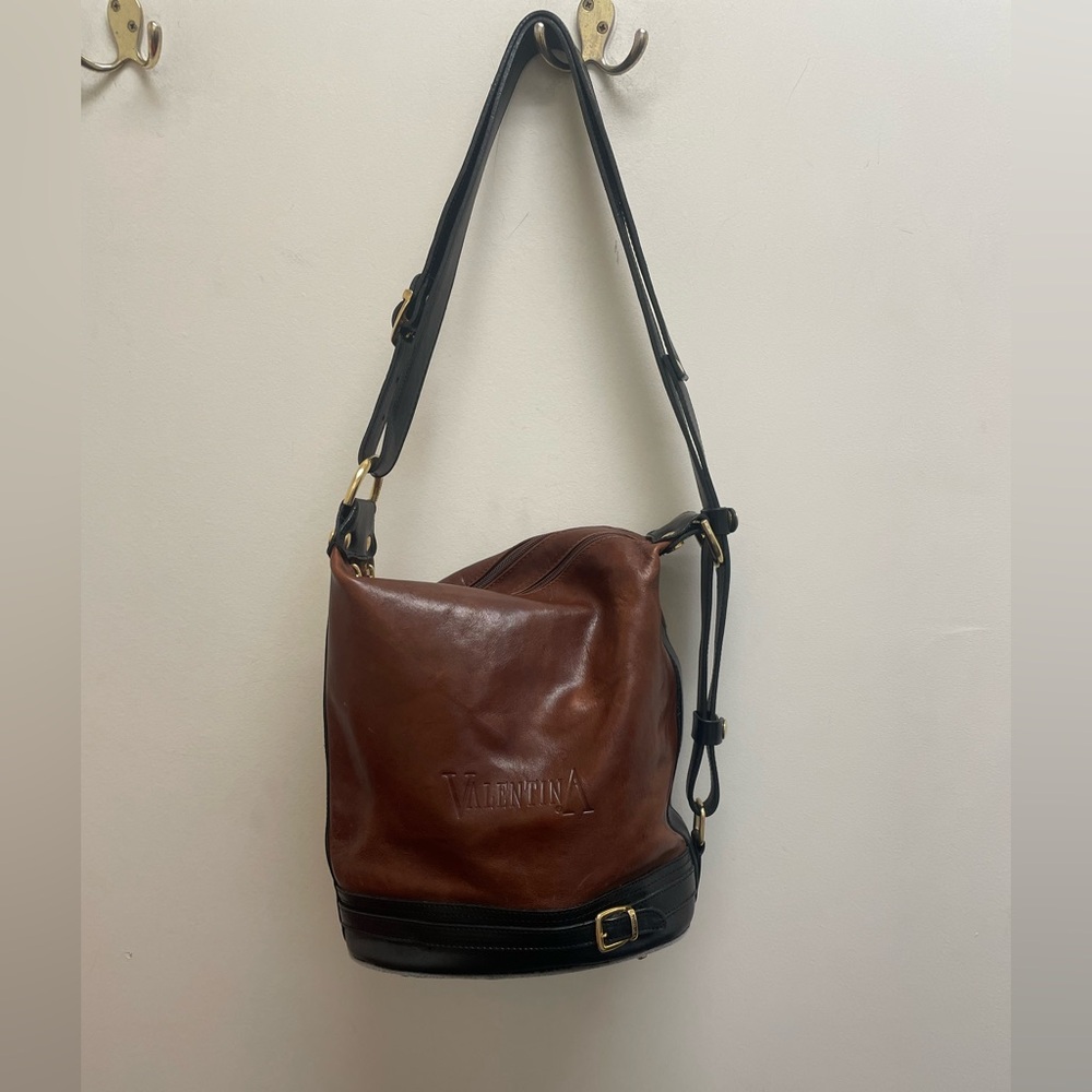 Valentina Brown Leather Bucket Bag with Black Strap